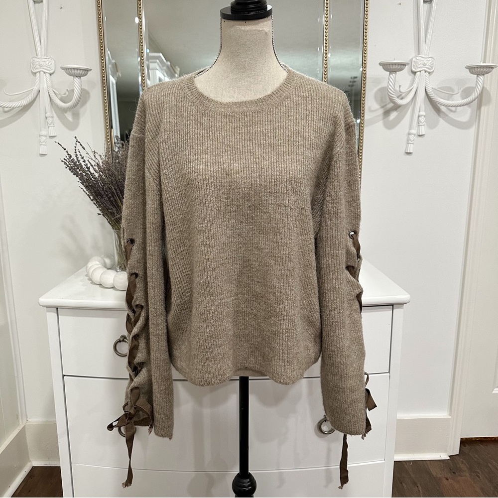 Sage Tan Knit Sweater Lace Tie Up Oversized Sleeve Sz S Knitwear Trendy Oversize